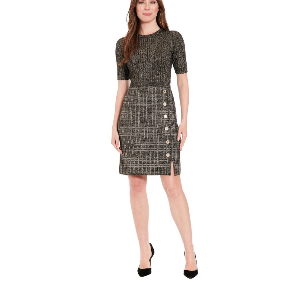 London Times - Elbow Sleeve Button Front Sheath Sweater Dress - Large
